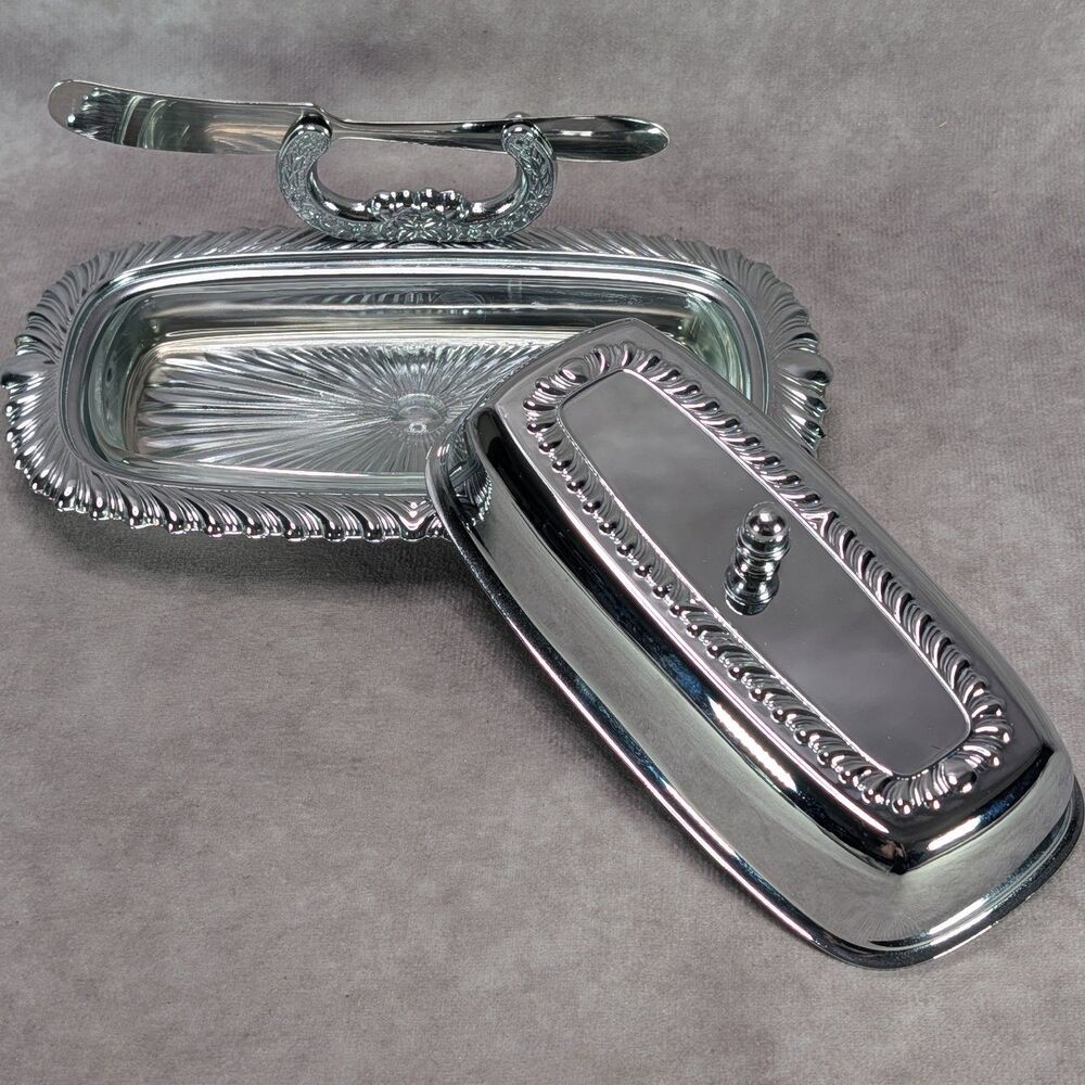 Vintage Irvinware Chrome Covered Butter Dish Glass Insert Tray Knife Made in USA